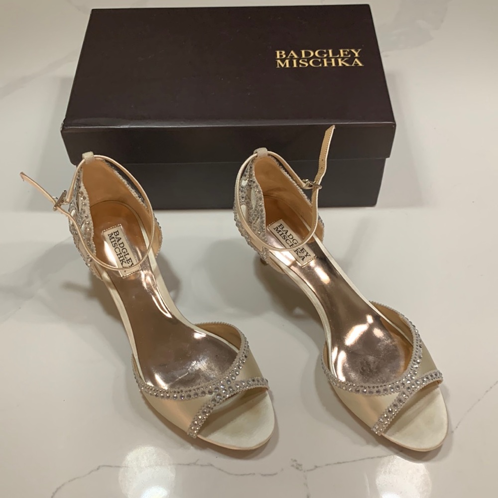 Badgley Mischka Champagne Satin Crystal Ankle Strap Heels